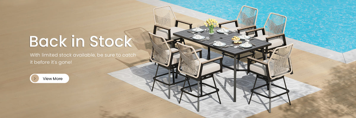 Outdoor dining set with chairs by a pool, with text indicating 'Back in Stock' and 'Limited stock available'.