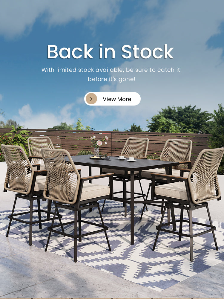 Outdoor patio set with table and chairs on a patio with 'Back in Stock' text overlay.