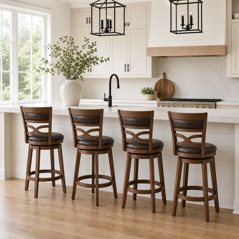 Harrison Rustic Wood Bar Stool with Unique X-Shaped Upholstered Back for Kitchen