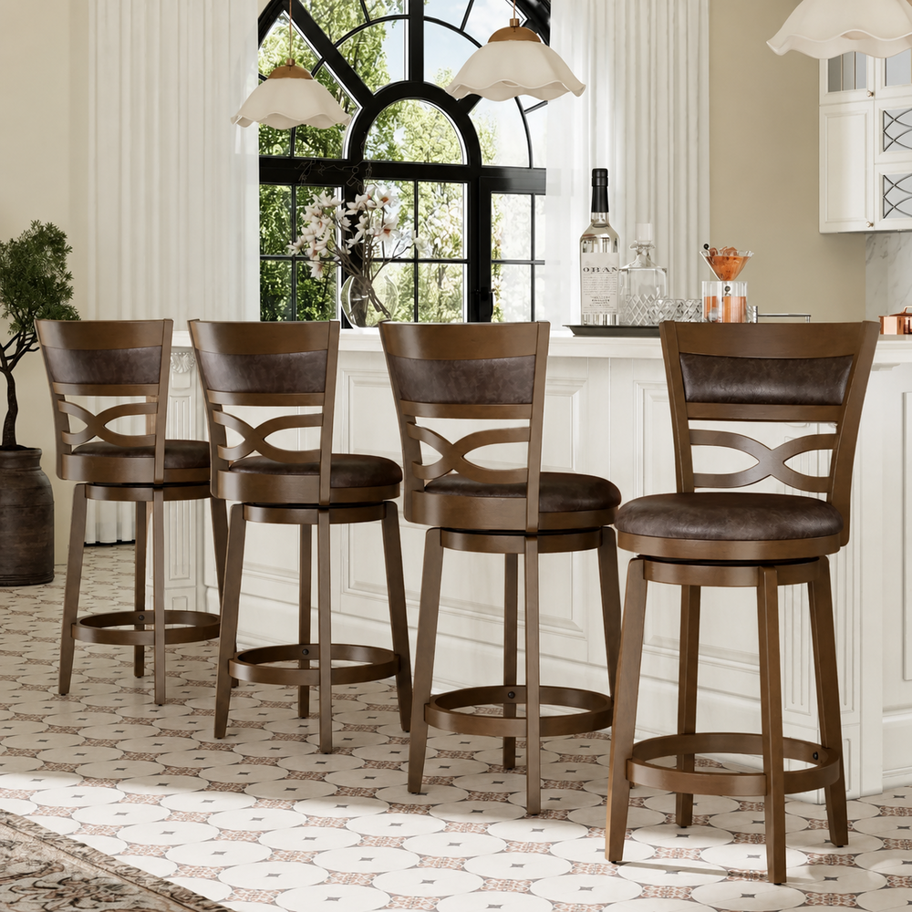 Harrison Rustic Wood Bar Stool with Unique X-Shaped Upholstered Back for Kitchen