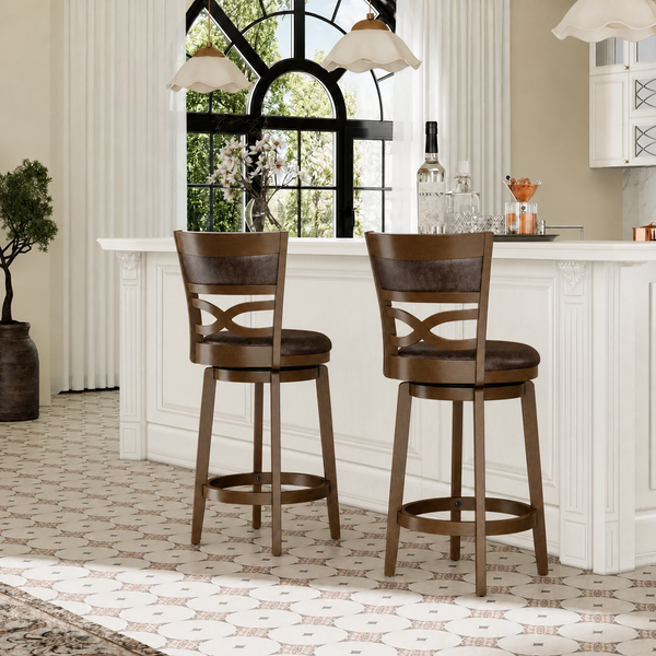 Harrison Rustic Wood Bar Stool with Unique X-Shaped Upholstered Back for Kitchen