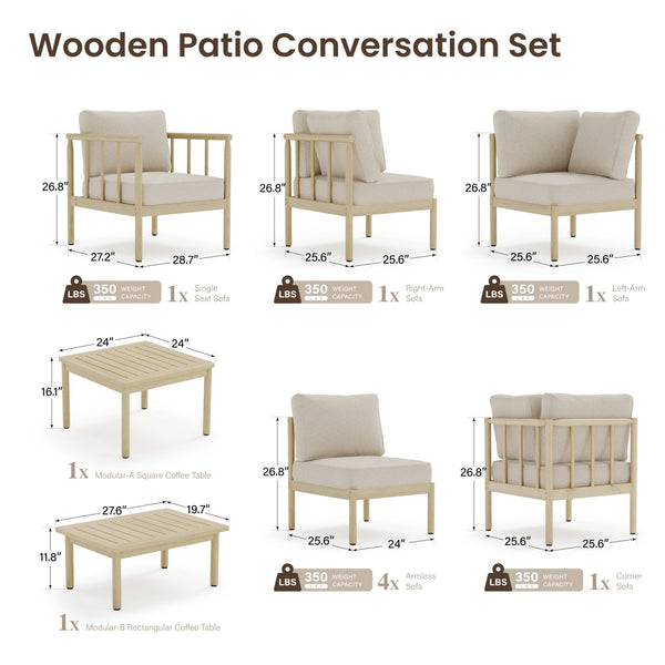 Lunada Acacia Wood Outdoor Modular Sofa Set with 2-in-1 Table