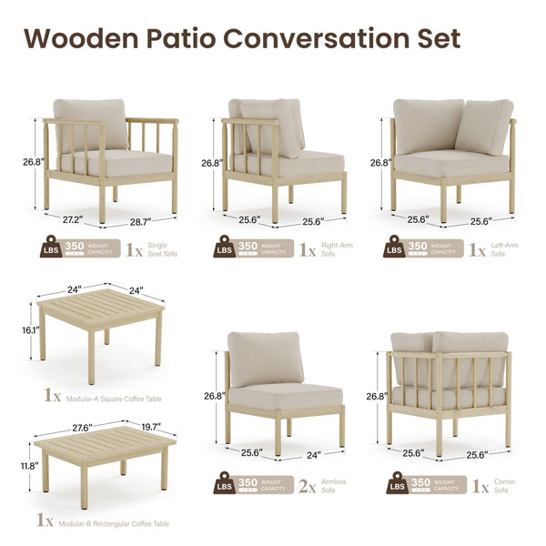 Lunada Acacia Wood Outdoor Modular Sofa Set with 2-in-1 Table