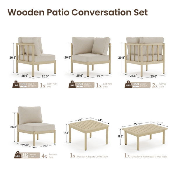 Lunada Acacia Wood Outdoor Modular Sofa Set with 2-in-1 Table