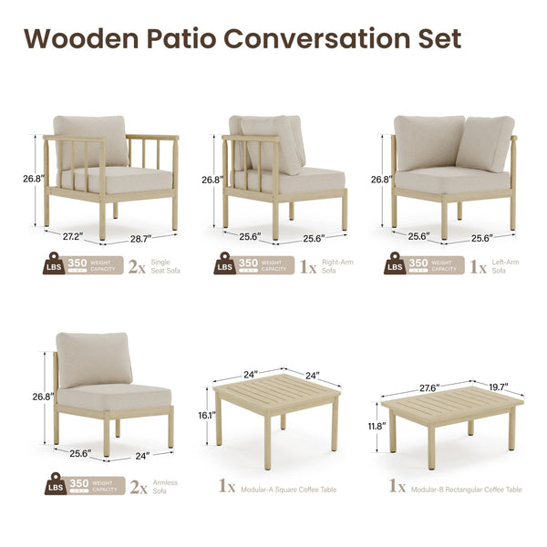 Lunada Acacia Wood Outdoor Modular Sofa Set with 2-in-1 Table