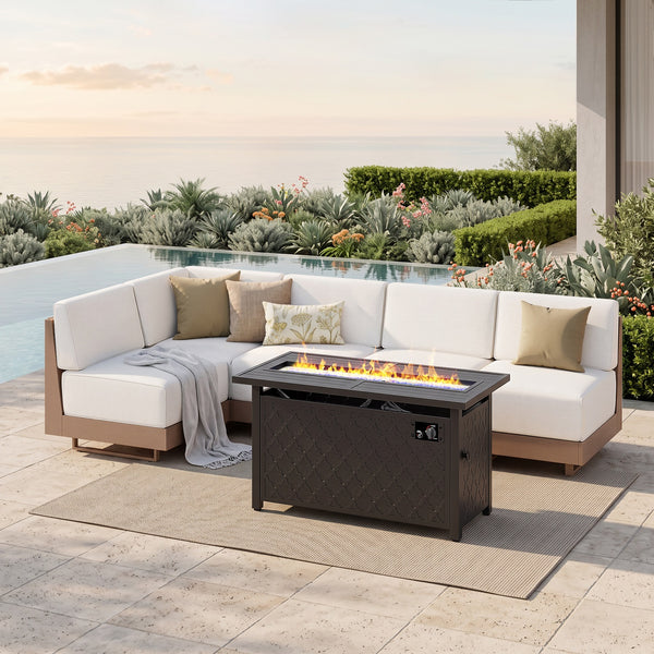 Alameda HDPE L-Shaped Modular Rattan Patio Sofa with Fire Pit Table