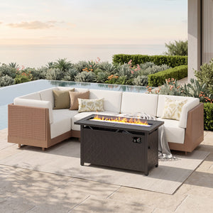 Alameda HDPE L-Shaped Modular Rattan Patio Sofa with Fire Pit Table