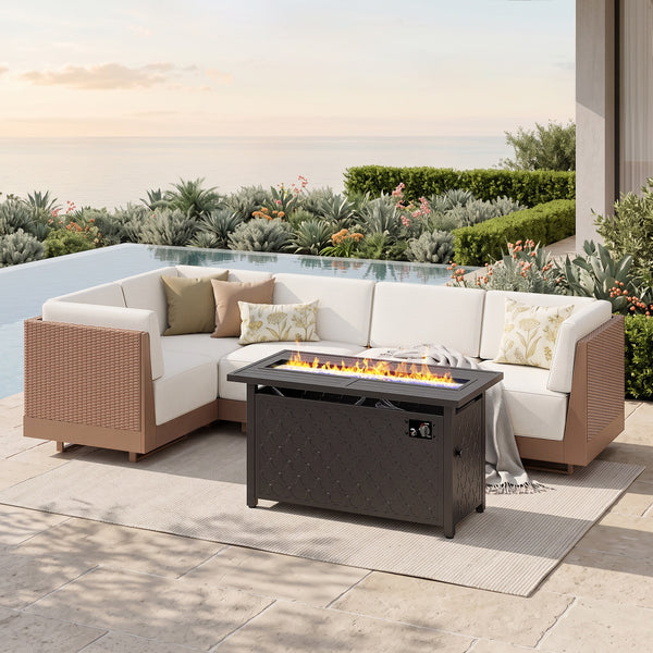 Alameda HDPE L-Shaped Modular Rattan Patio Sofa with Fire Pit Table