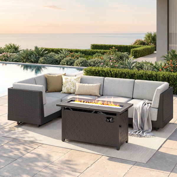 Alameda HDPE L-Shaped Modular Rattan Patio Sofa with Fire Pit Table