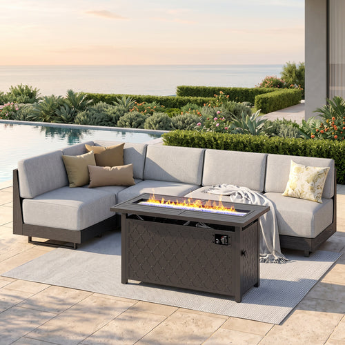 Alameda HDPE L-Shaped Modular Rattan Patio Sofa with Fire Pit Table