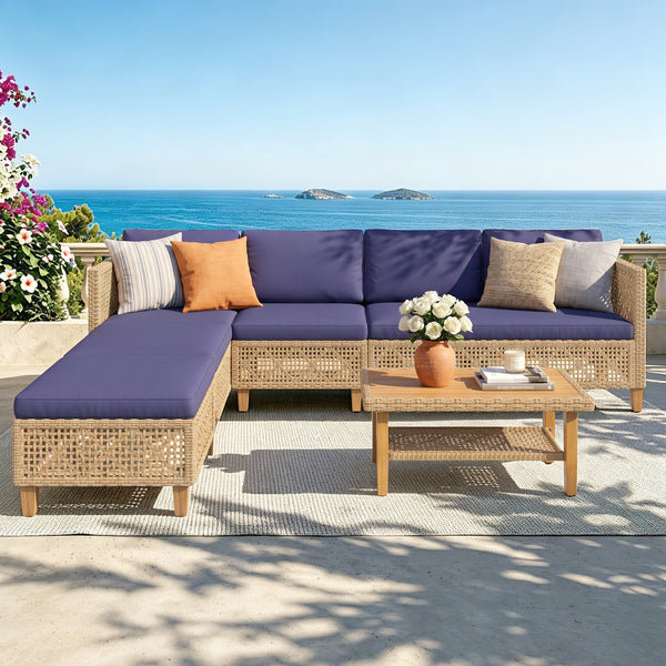 4-Seater Budget-Friendly Bohemian Wicker and Wood Outdoor Couch