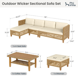 4-Seater Budget-Friendly Bohemian Wicker and Wood Outdoor Couch