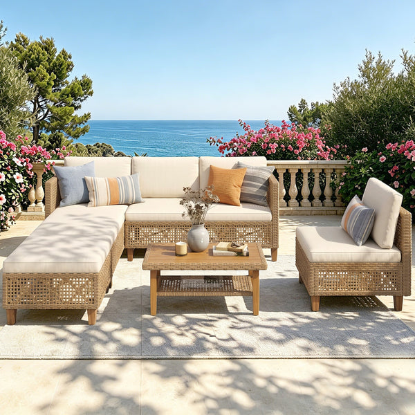 4-Seater Budget-Friendly Bohemian Wicker and Wood Outdoor Couch