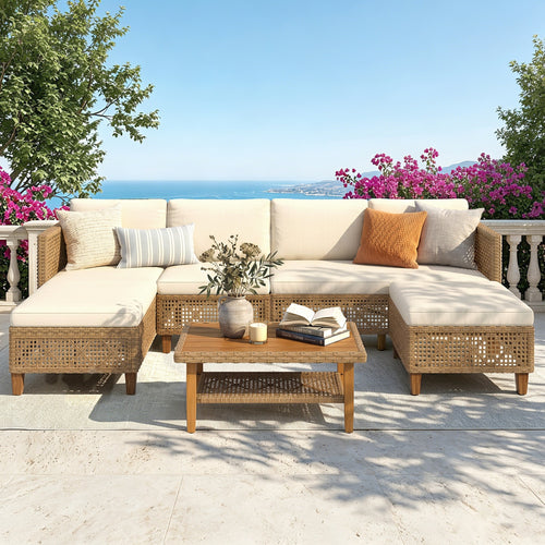 4-Seater Budget-Friendly Bohemian Wicker and Wood Outdoor Couch