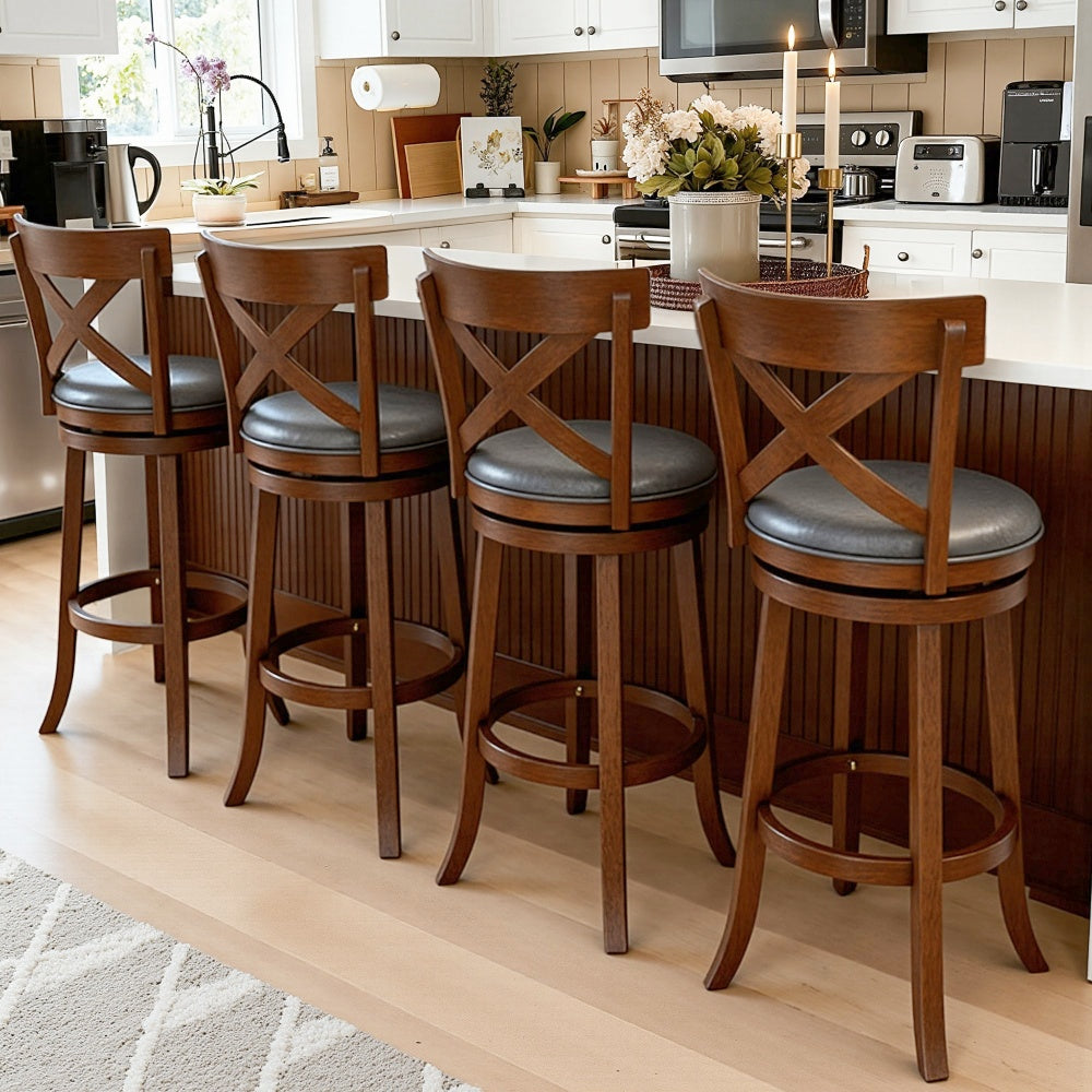 360° Swivel Retro Wooden Bar Height Stools with Backs