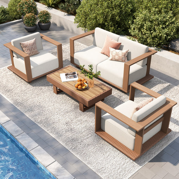 Catalina Woodgrain HDPE Patio Sectional Rattan Sofa Set