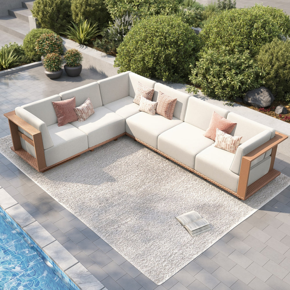 Catalina Woodgrain HDPE Patio Sectional Rattan Sofa Set