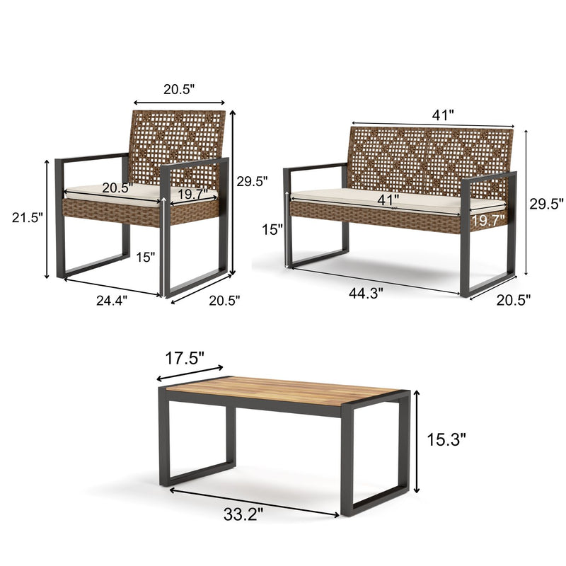 PHI VILLA 4-Piece Patio Conversation Set - Wicker Chairs and Acacia Wood Coffee Table - Modern and Stylish