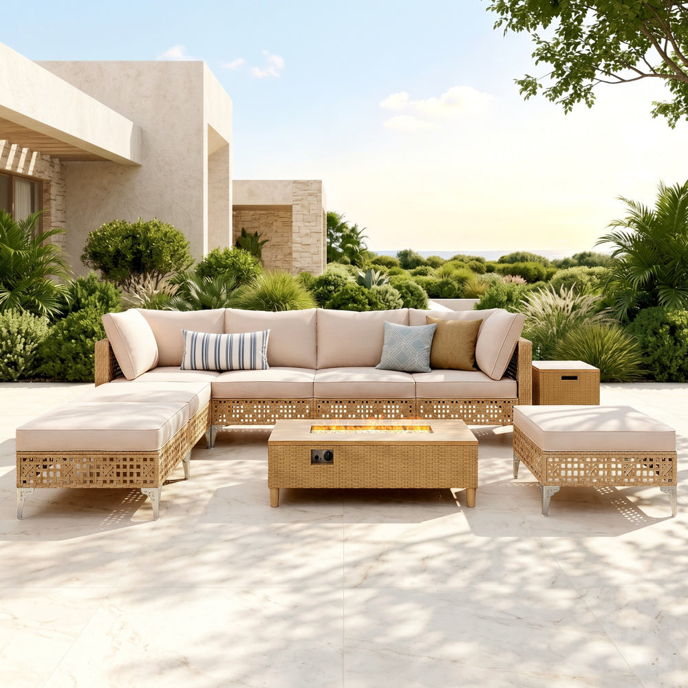 Open-Weave Wicker Deep-Seat Outdoor Sectional with Fire Pit