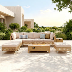 Open-Weave Wicker Deep-Seat Outdoor Sectional with Fire Pit