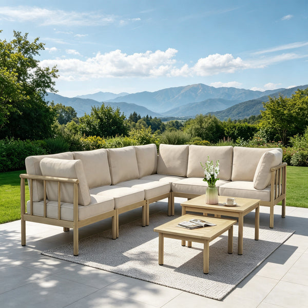 Lunada Acacia Wood Outdoor Modular Sofa Set with 2-in-1 Table