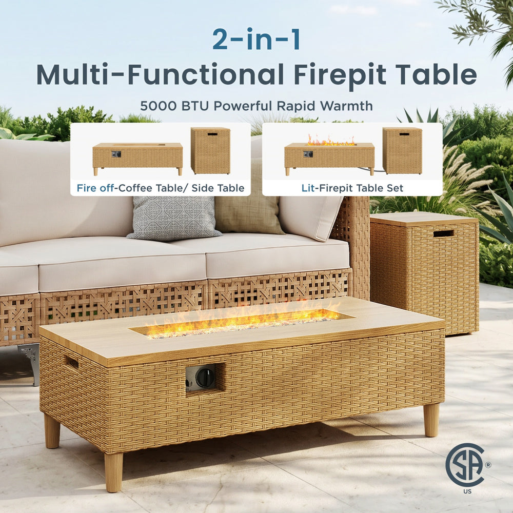 Open-Weave Wicker Deep-Seat Outdoor Sectional with Fire Pit