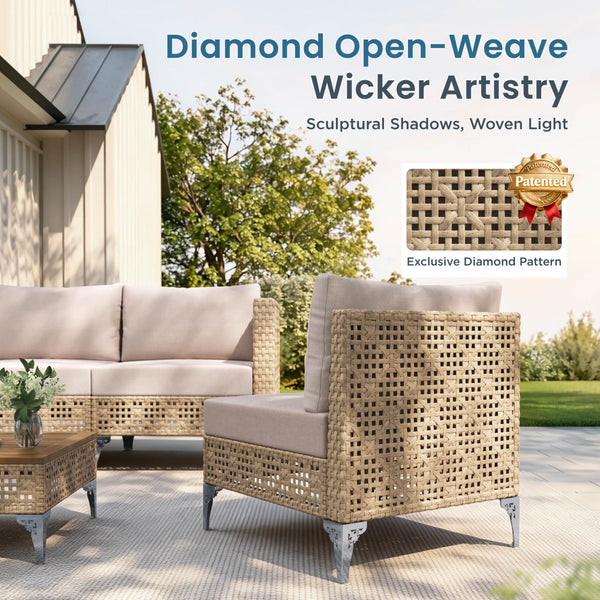 Diamond Open-Weave Wicker Deep-Seat Outdoor Sofa Set