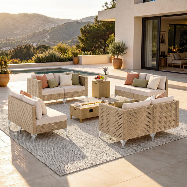Open-Weave Wicker Deep-Seat Outdoor Sectional with Fire Pit