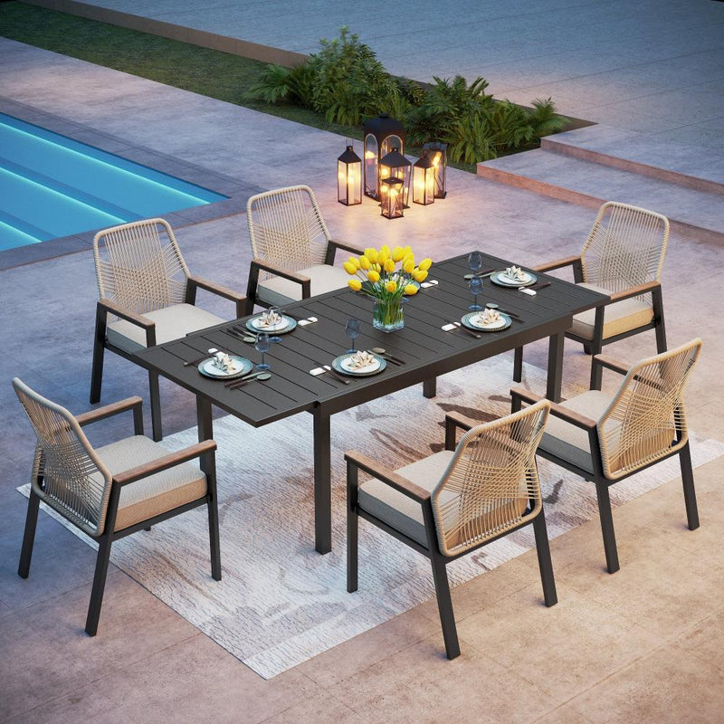6-seat rope chair dining set for deck and patio with adjustable table