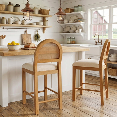24" Boho Farmhouse Counter Height Bar Stool with Woven Cane Back
