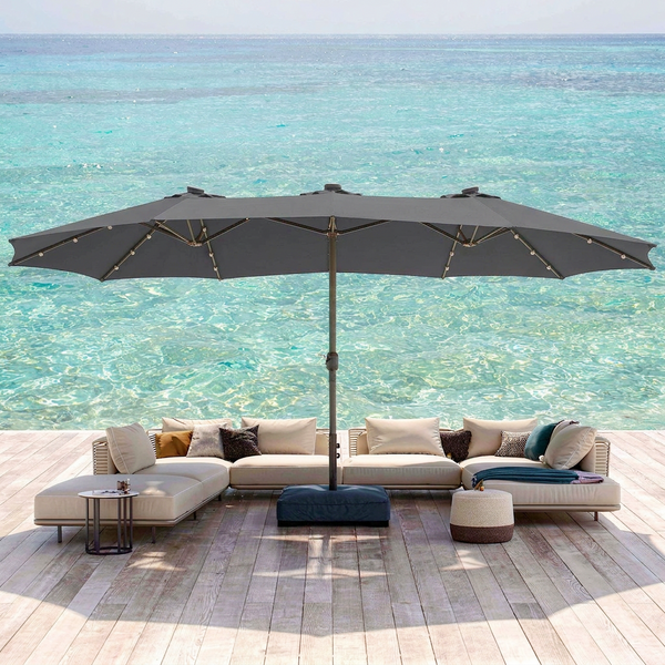 15ft Solar Double-Sided Patio Extra Large Twin Umbrella with Led Lights and Base