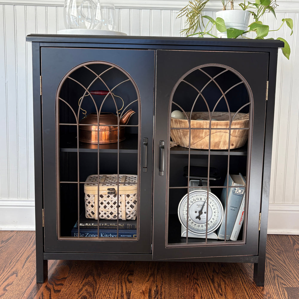 Accent Storage Cabinet with Metal Church Window Doors and Distressed Finish
