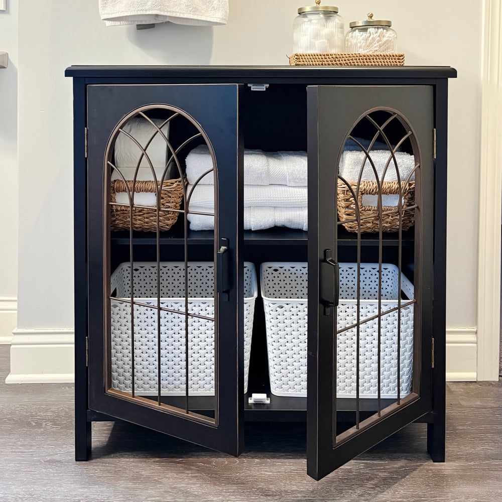 Accent Storage Cabinet with Metal Church Window Doors and Distressed Finish