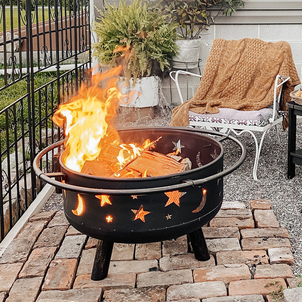 30" Moon and Star Pattern 2 in 1 Heavy Duty Fire Pit with Swivel Cooking Grill