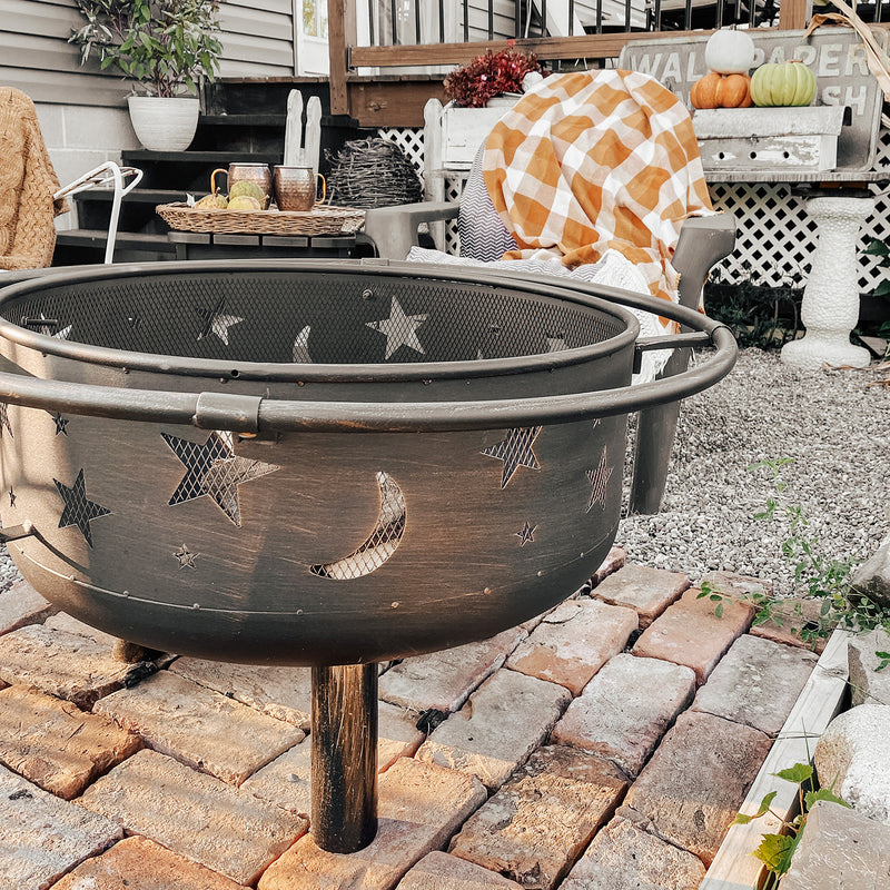 Phi Villa 30" Moon & Star Pattern 2 in 1 Heavy Duty Fire Pit with Swivel Cooking Grill