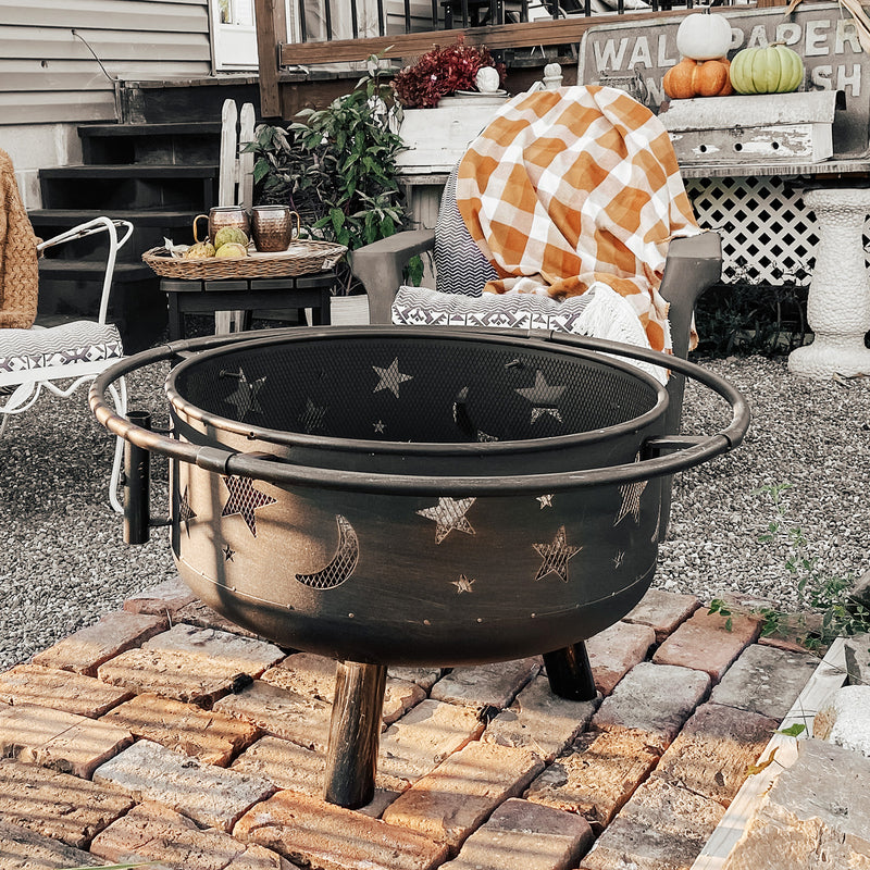 Phi Villa 30" Moon & Star Pattern 2 in 1 Heavy Duty Fire Pit with Swivel Cooking Grill