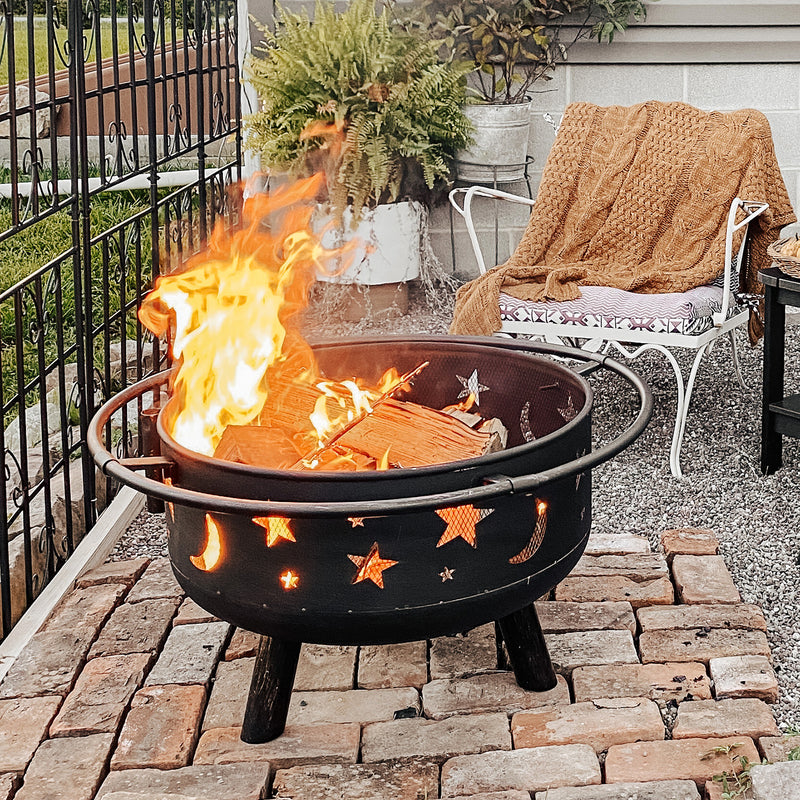 Phi Villa 30" Moon & Star Pattern 2 in 1 Heavy Duty Fire Pit with Swivel Cooking Grill