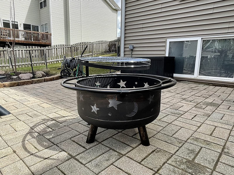 Phi Villa 30" Moon & Star Pattern 2 in 1 Heavy Duty Fire Pit with Swivel Cooking Grill