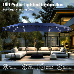 15ft Solar Double-Sided Patio Extra Large Twin Umbrella with Led Lights and Base