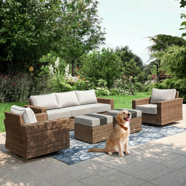 Luxury Patio Wicker King Swivel Sofa Set with Wood Table