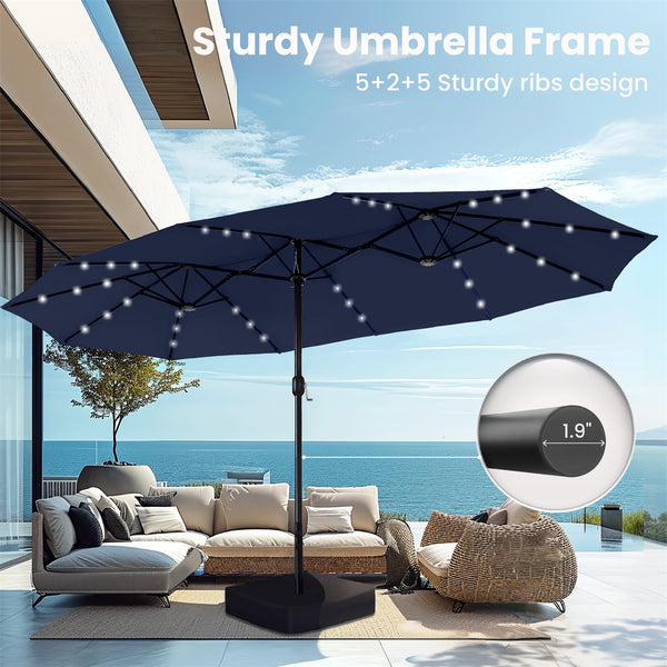 15ft Solar Double-Sided Patio Extra Large Twin Umbrella with Led Lights and Base