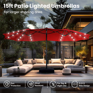 15ft Solar Double-Sided Patio Extra Large Twin Umbrella with Led Lights and Base