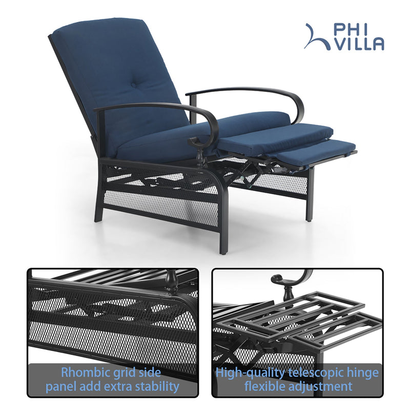 PHI VILLA Patio Lounge Chair Adjustable Metal Relaxing Recliner