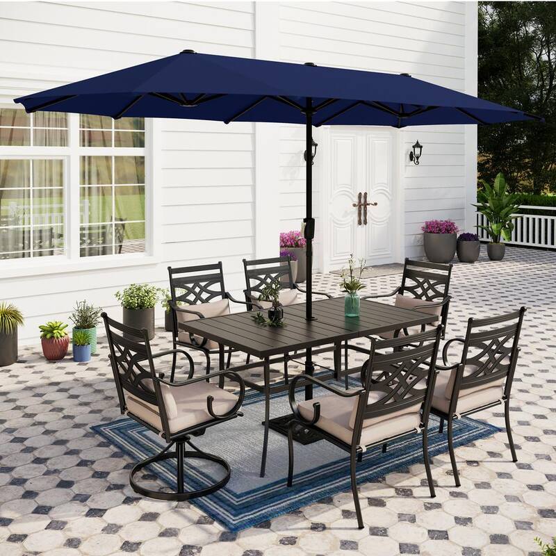 8-Piece Outdoor Dining Set with Beige Cushions and 13ft Navy Blue Umbrella for Garden, Deck PHI VILLA
