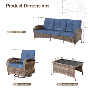 Patio Vintage Swivel Wicker Sofa Set with Rattan Coffee Table