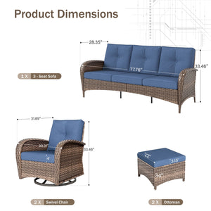 Patio Vintage Swivel Wicker Sofa Set with Rattan Coffee Table