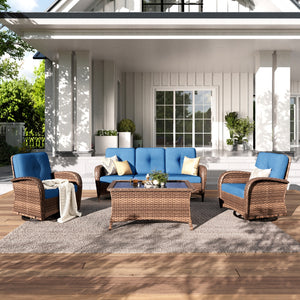 Patio Vintage Swivel Wicker Sofa Set with Rattan Coffee Table