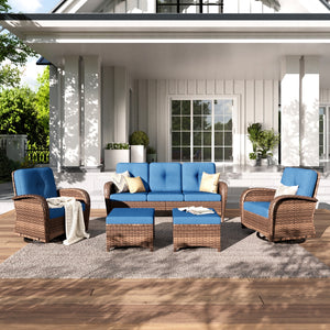 Patio Vintage Swivel Wicker Sofa Set with Rattan Coffee Table
