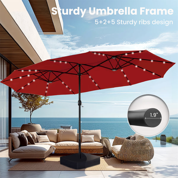 15ft Solar Double-Sided Patio Extra Large Twin Umbrella with Led Lights and Base