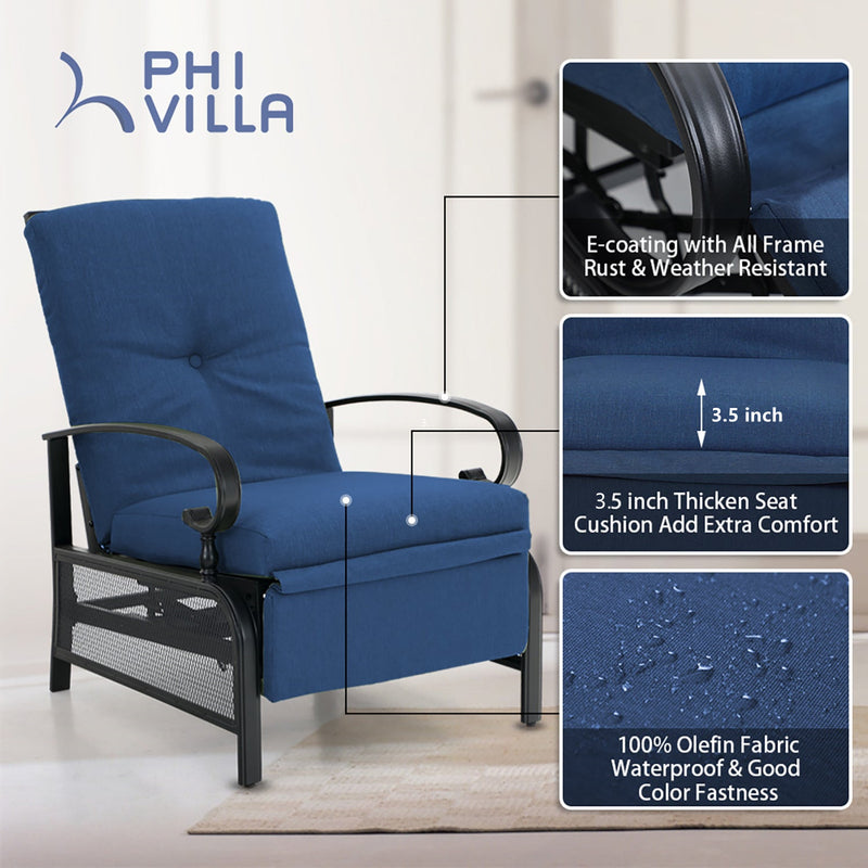 PHI VILLA Patio Lounge Chair Adjustable Metal Relaxing Recliner